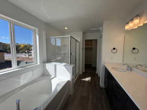Full bath featuring a spacious closet, a stall shower, vanity, dark wood-type flooring, and a bath