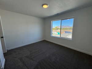 Empty room with dark colored carpet and a textured ceiling