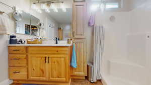 Bathroom with vanity and a shower with shower curtain
