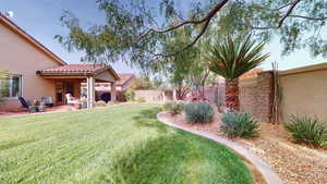 Fenced backyard featuring a patio area