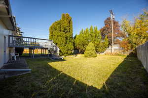 Fenced backyard with stairs, a deck, and a patio