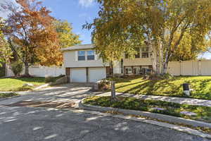 Raised ranch with brick siding, driveway, and a garage