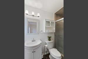 Full bathroom with a shower stall, vanity, and dark tile patterned flooring