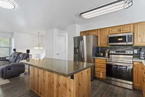 Kitchen featuring stainless steel appliances, a kitchen island, open floor plan, and dark wood-style flooring