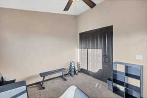 Exercise area with carpet and a ceiling fan