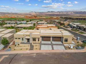 Aerial view of residential area with a mountain backdrop