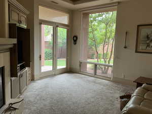 Living area featuring a premium fireplace and light colored carpet