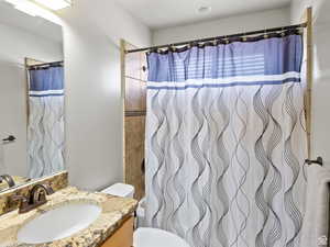 Full bath featuring vanity, toilet, and a shower with shower curtain