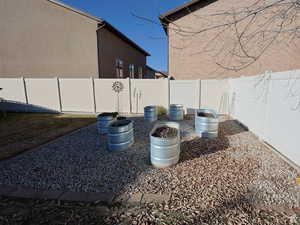 Details with a fenced backyard and stucco siding