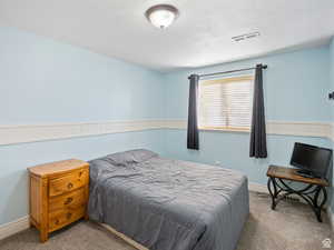 Bedroom with baseboards, carpet, and visible vents