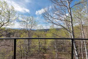 View of yard featuring a wooded view and a balcony