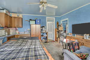 Bedroom featuring crown molding and a ceiling fan