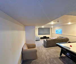 Game room featuring a textured ceiling and carpet flooring