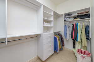 Spacious closet featuring light colored carpet