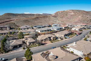 Aerial perspective of suburban area featuring mountains