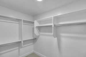 Spacious closet featuring light colored carpet