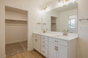 Bathroom featuring a spacious closet, light wood-style floors, and double vanity