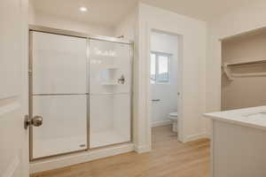 Full bath featuring a shower stall, light wood-type flooring, and vanity