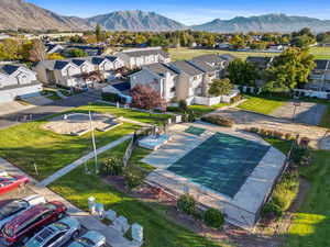 Aerial view of residential area with a mountain backdrop