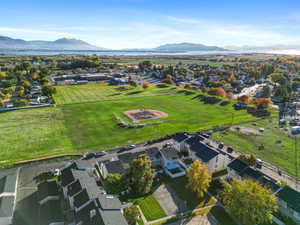 Aerial view of residential area with mountains