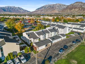 Aerial view of residential area with a mountain backdrop