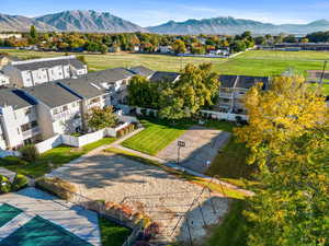 Aerial view of residential area with a mountain backdrop