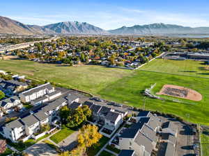 Aerial perspective of suburban area with mountains