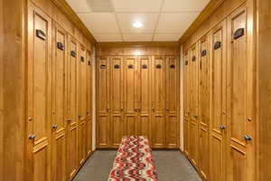 Mudroom featuring dark colored carpet and wooden walls