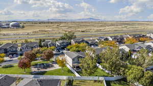 Aerial view of residential area with mountains