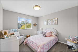 Bedroom featuring dark colored carpet