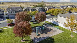 Aerial view of residential area with a mountainous background