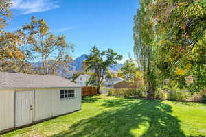 View of yard with an outbuilding and a mountain view