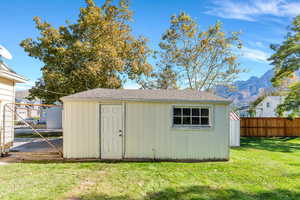 View of shed featuring a mountain view
