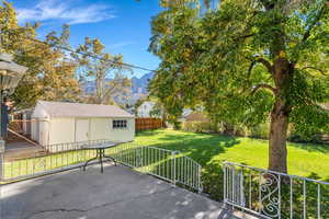 Fenced backyard featuring a gate, a patio, and a mountain view