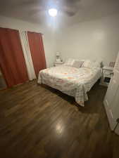 Primary bedroom featuring dark wood-style floors and a ceiling fan