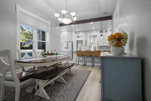 Dining space featuring plenty of natural light, a chandelier, and a ceiling fan