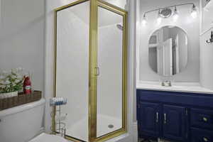 Bathroom with vanity and a stall shower