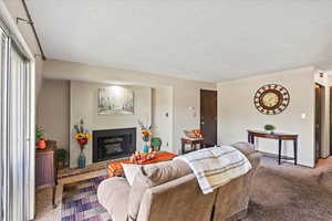 Carpeted living area with a fireplace with raised hearth