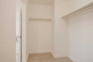 Walk in closet featuring light colored carpet