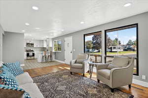 Living area with light wood-style floors, recessed lighting, and a textured ceiling
