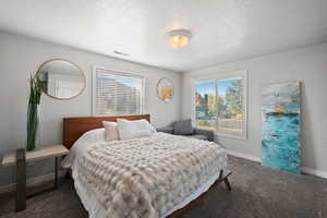Bedroom with a textured ceiling and carpet flooring