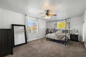 Bedroom featuring a textured ceiling, carpet floors, and a ceiling fan