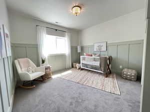 Bedroom with a decorative wall, a crib, a wainscoted wall, and carpet floors