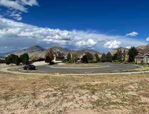View of community featuring a mountain view and a yard