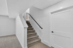 Staircase featuring carpet floors and a textured ceiling
