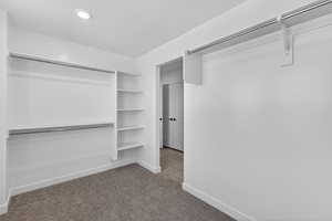 Walk in closet featuring light colored carpet