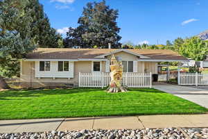 View of front of property featuring an attached carport, a fenced front yard, driveway, and a shingled roof
