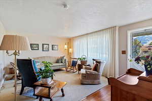 Living area featuring a textured ceiling and wood finished floors