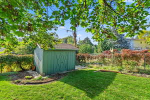 View of grassy yard featuring a shed