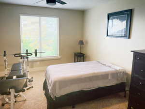 Bedroom featuring carpet floors and a ceiling fan